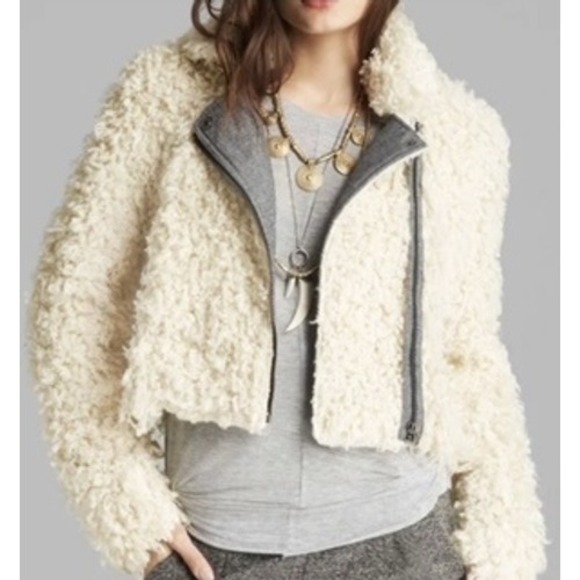 Free People Jackets & Blazers - Free People Shaggy Faux Sherpa Moto Cream Jacket Coat Size XS Boho Apres Ski